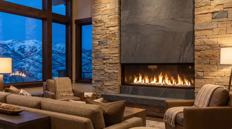Cozy living room with stone fireplace and leather sofas overlooking snowy mountains at dusk