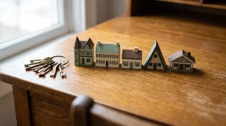 Toy houses and brass keys on wooden table near window in soft natural light