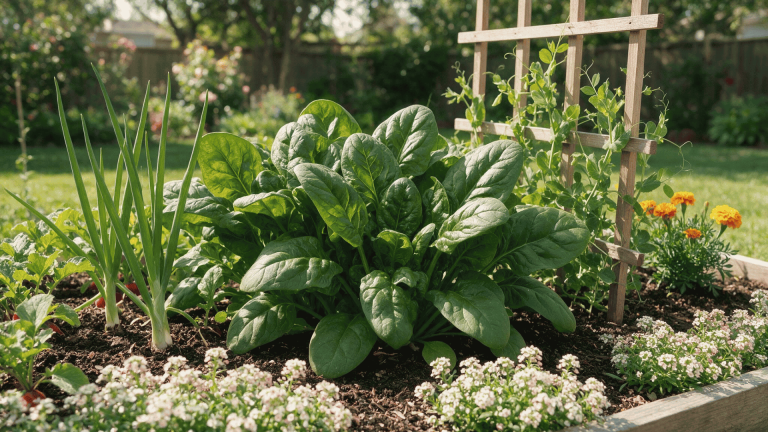 spinach growing with onions, peas, marigolds, and alyssum in a raised garden bed