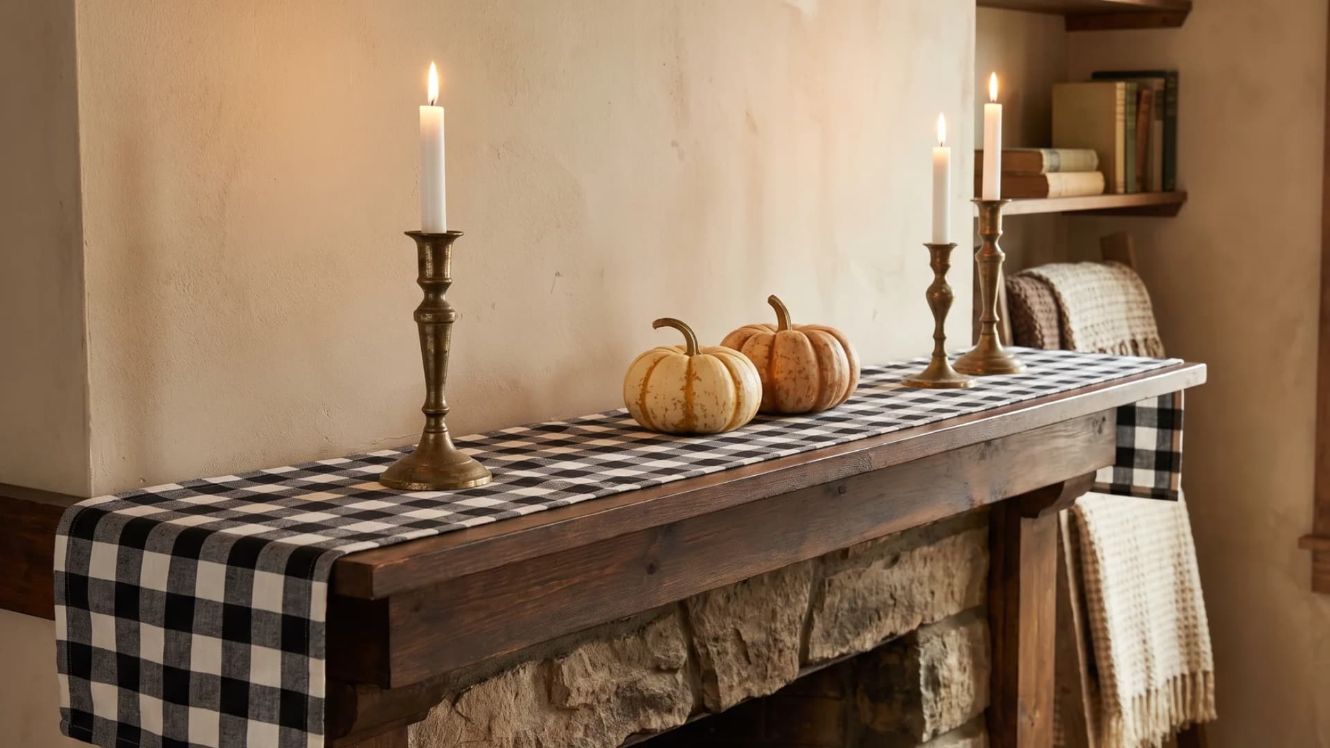 A black and white buffalo check table runner along a fireplace mantel, styled with brass candlesticks and small pumpkins.