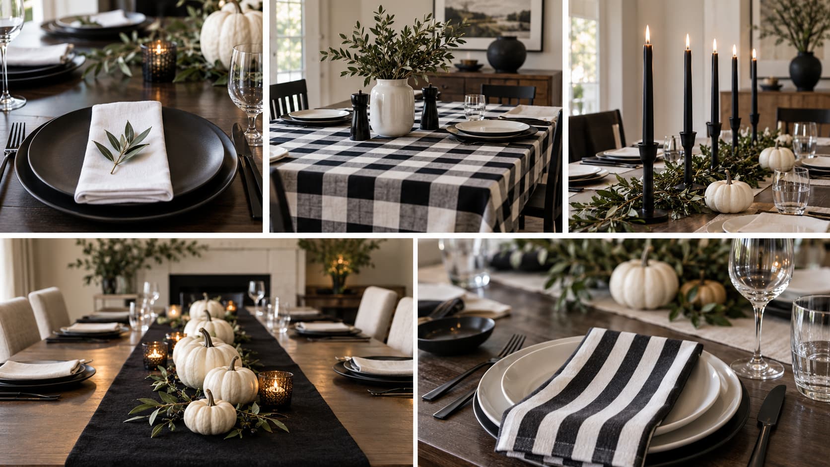 Five-panel collage featuring black and white modern Thanksgiving table decor, including dark settings, a checkerboard runner, black tapers, and striped napkins.