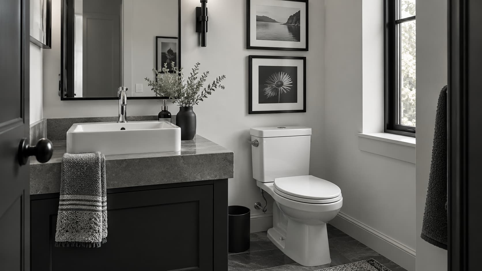 Small powder room featuring matte black walls, a glossy white pedestal sink, and chrome fixtures.