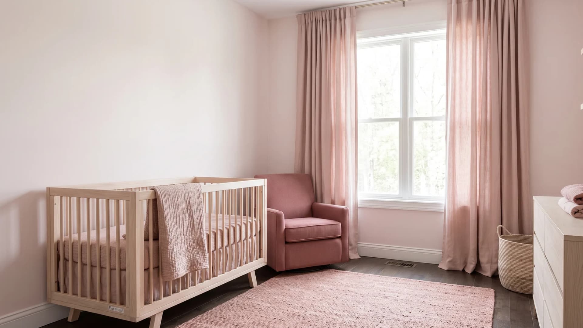 Soft blush pink nursery featuring linen curtains and a cream-colored rocking chair.
