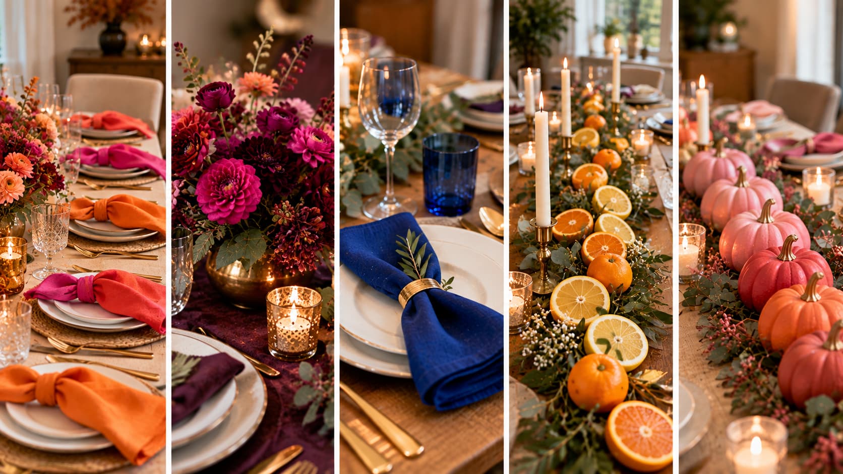Five-panel collage of bold Thanksgiving table decor: color-blocked napkins, fuchsia flowers, cobalt napkin setting, citrus runner, and ombre mini pumpkins.