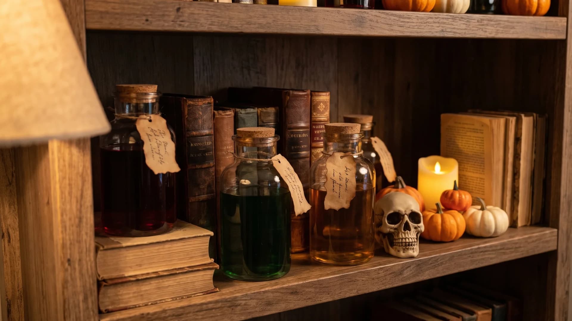 Bookshelf decorated with glass potion jars, small skulls, and mini pumpkins among books.