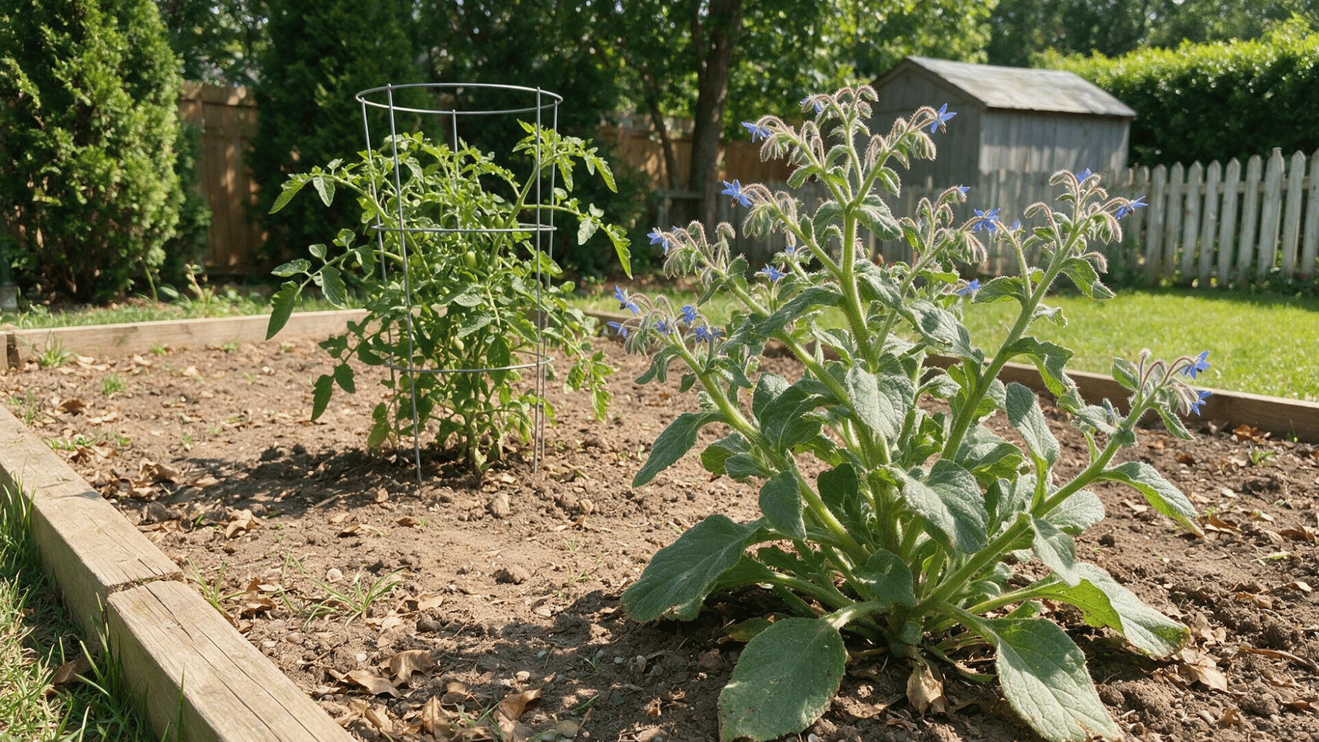 blue flowering borage growing with healthy tomato plants in a spacious backyard garden bed
