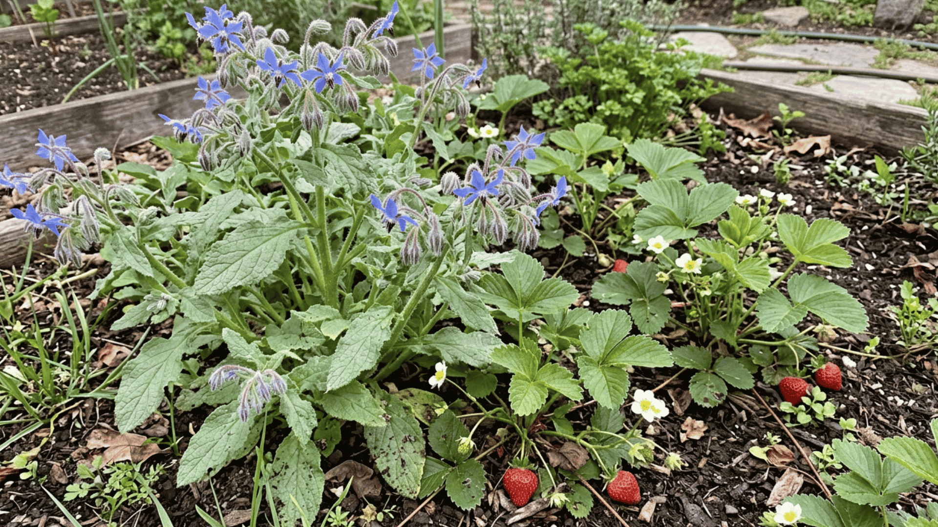 blue flowering borage growing beside strawberry plants with ripe berries in a natural backyard garden bed