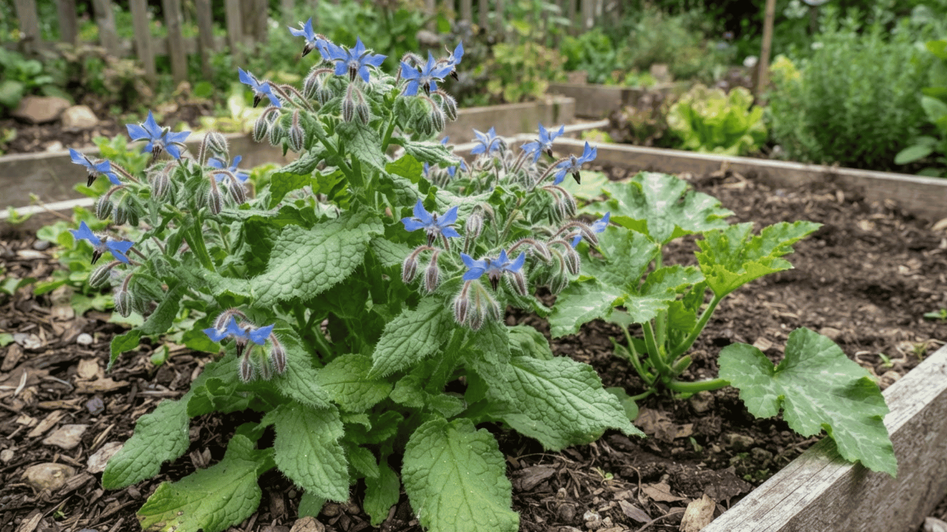 borage plant with blue star-shaped flowers in a garden bed