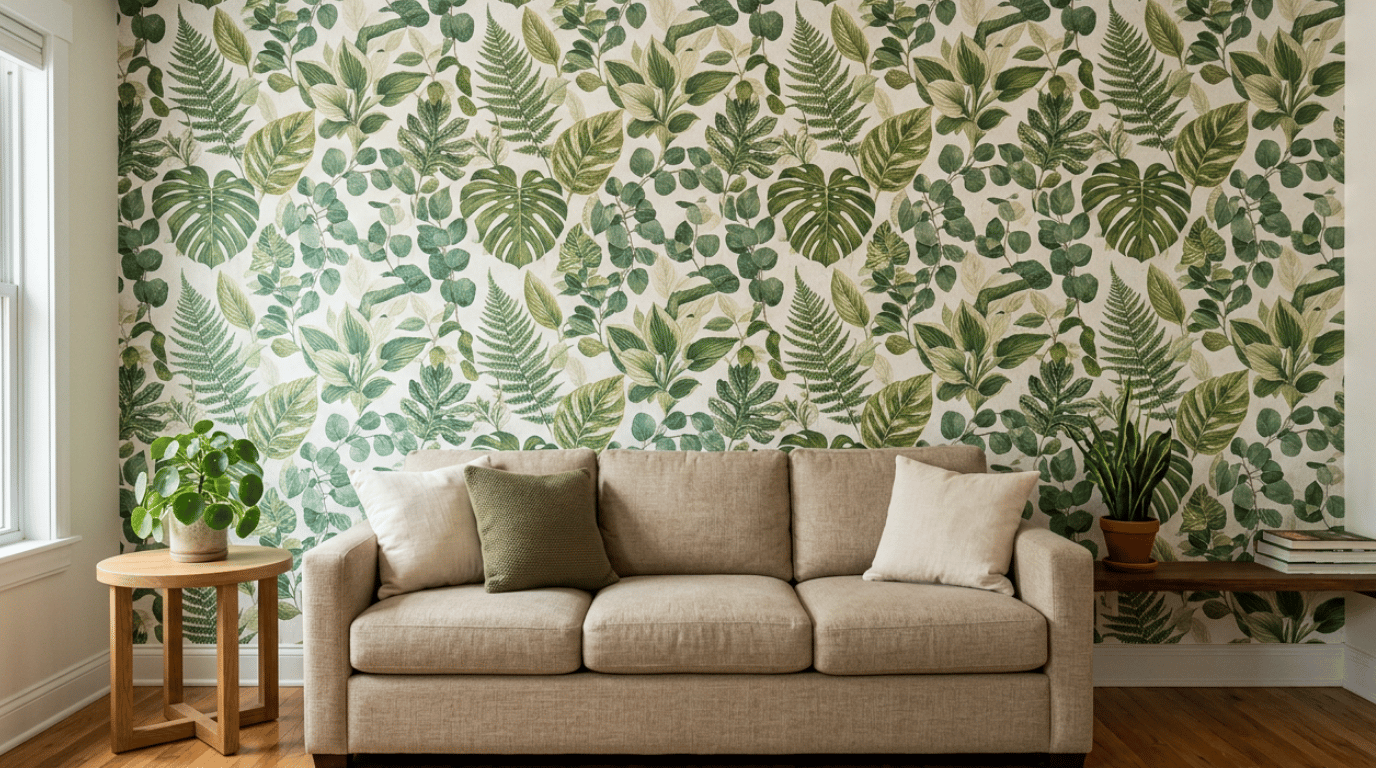 botanical wallpaper with layered green leaves and trailing vines covering a bright living room accent wall