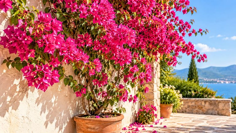 Vibrant pink bougainvillea plant growing in a terracotta pot on a sunny Mediterranean terrace.