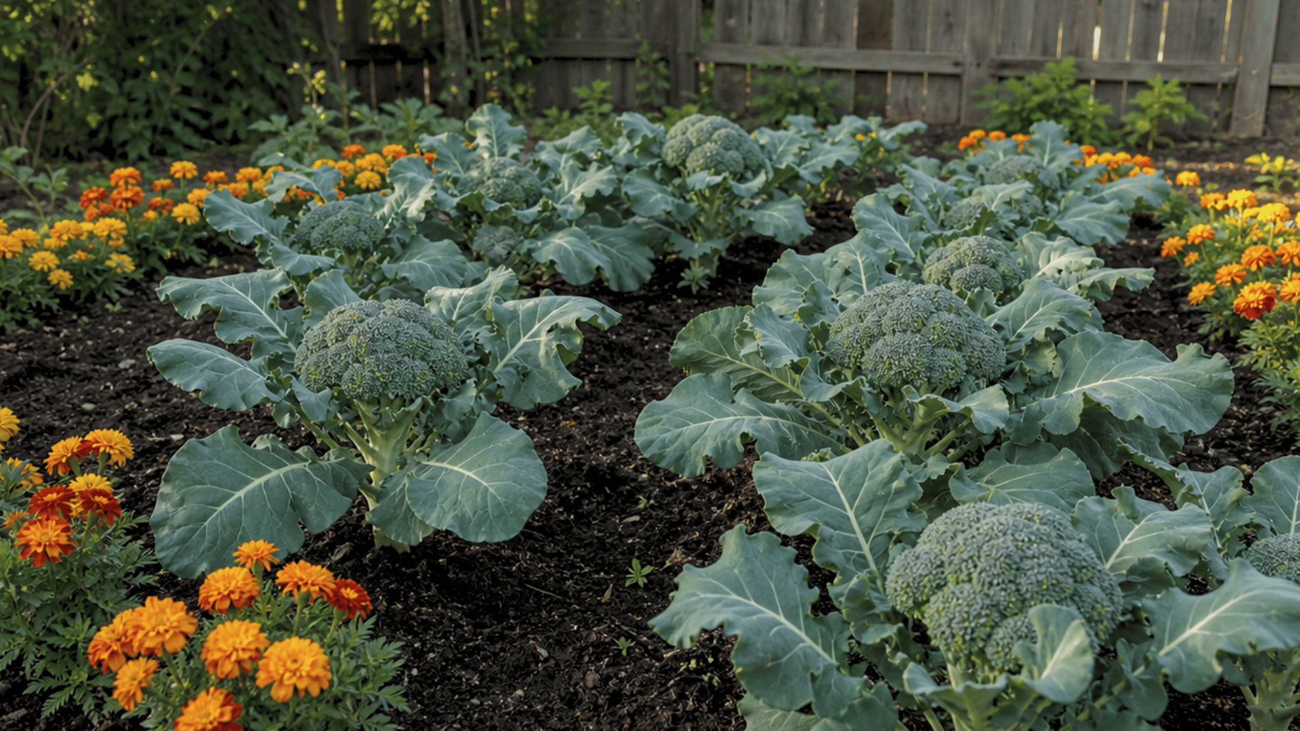 broccoli growing beside orange and yellow marigolds in a vegetable garden