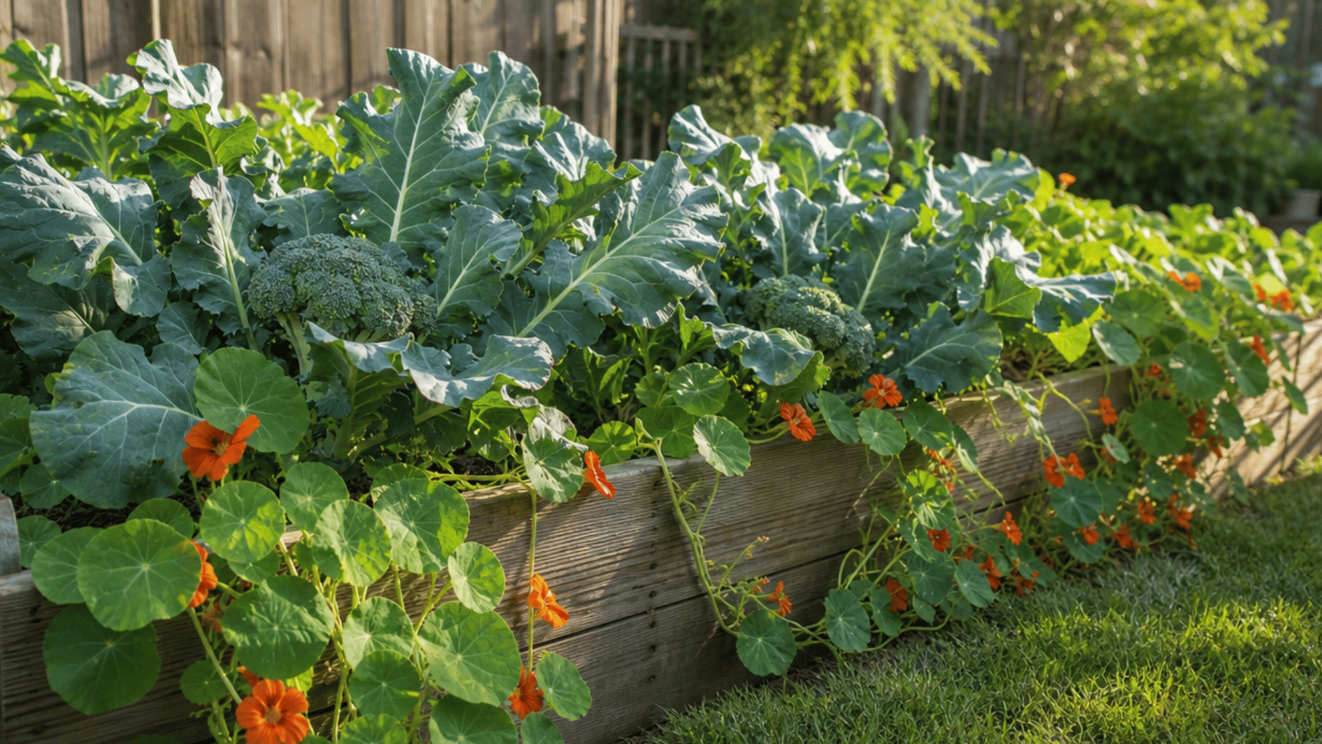 broccoli growing beside orange nasturtiums trailing over a raised bed edge