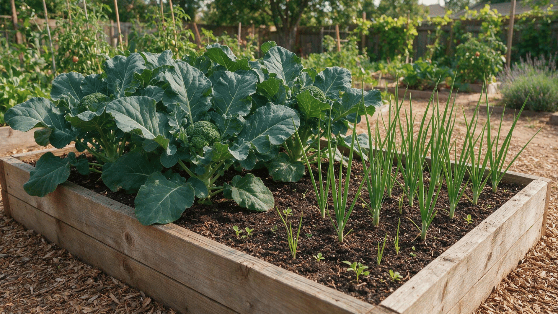 broccoli growing beside rows of onions with narrow upright green leaves