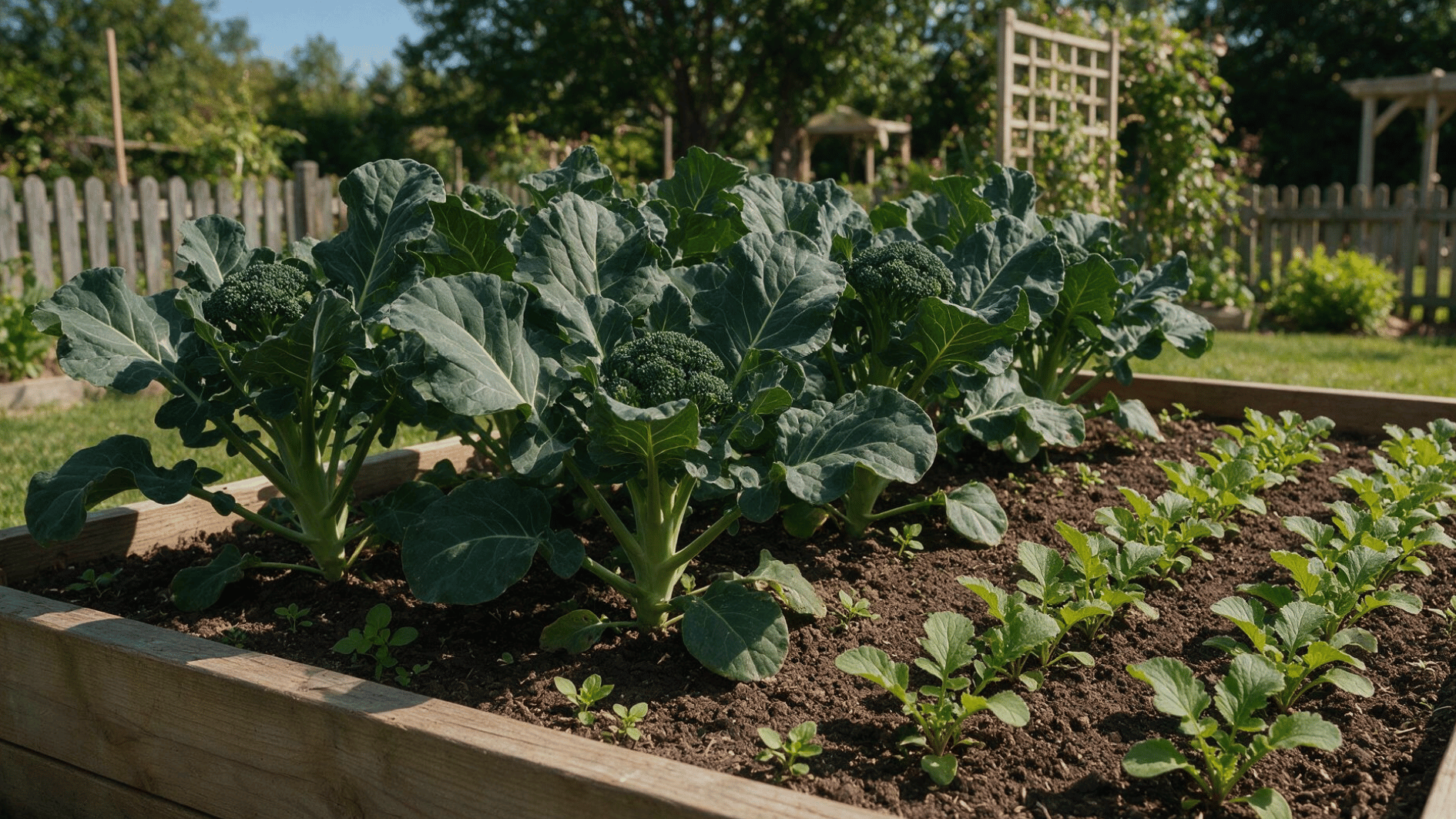 broccoli growing beside young radishes in a well-spaced backyard garden bed