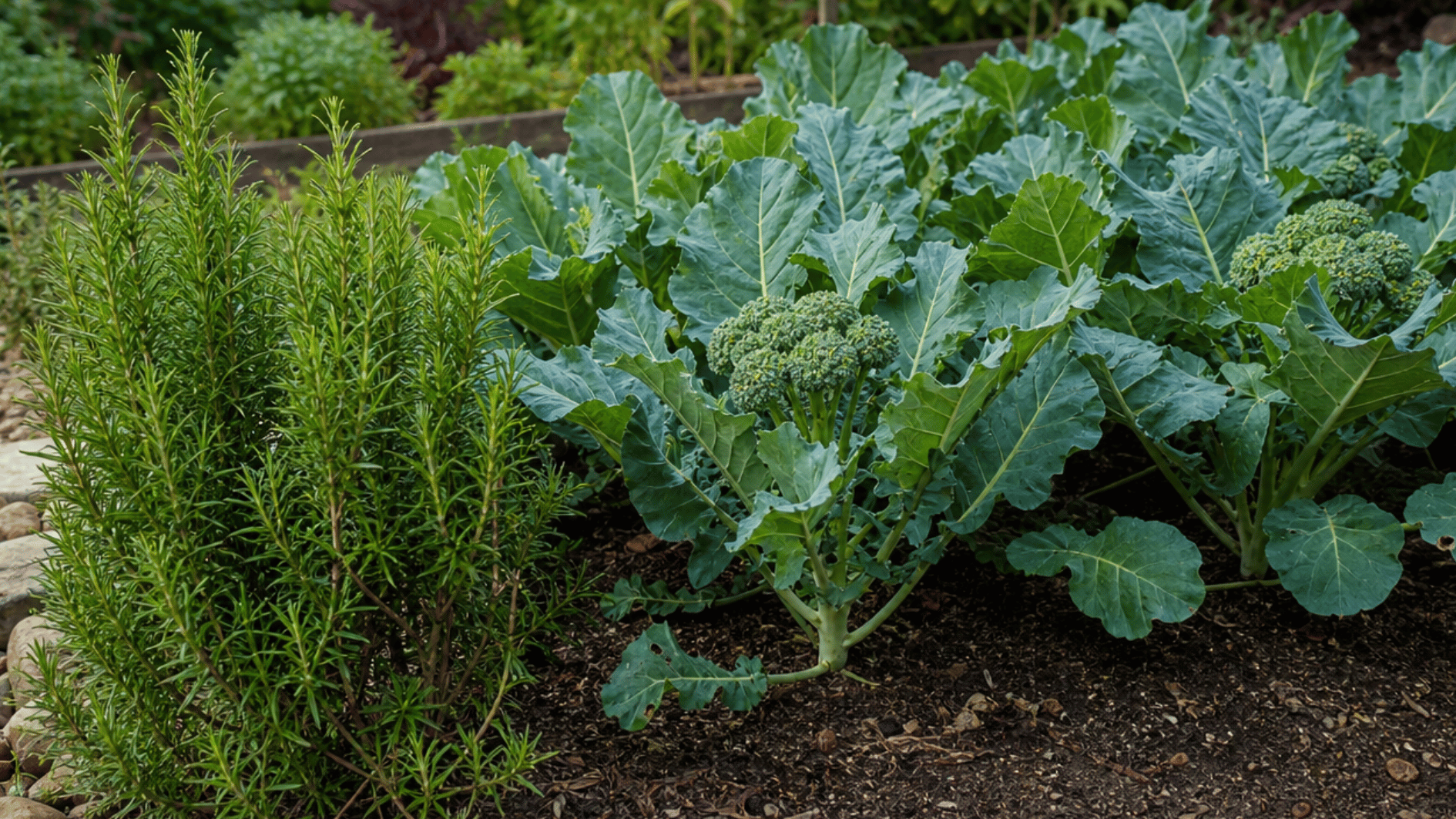 broccoli growing near upright rosemary at the outer edge of a garden bed