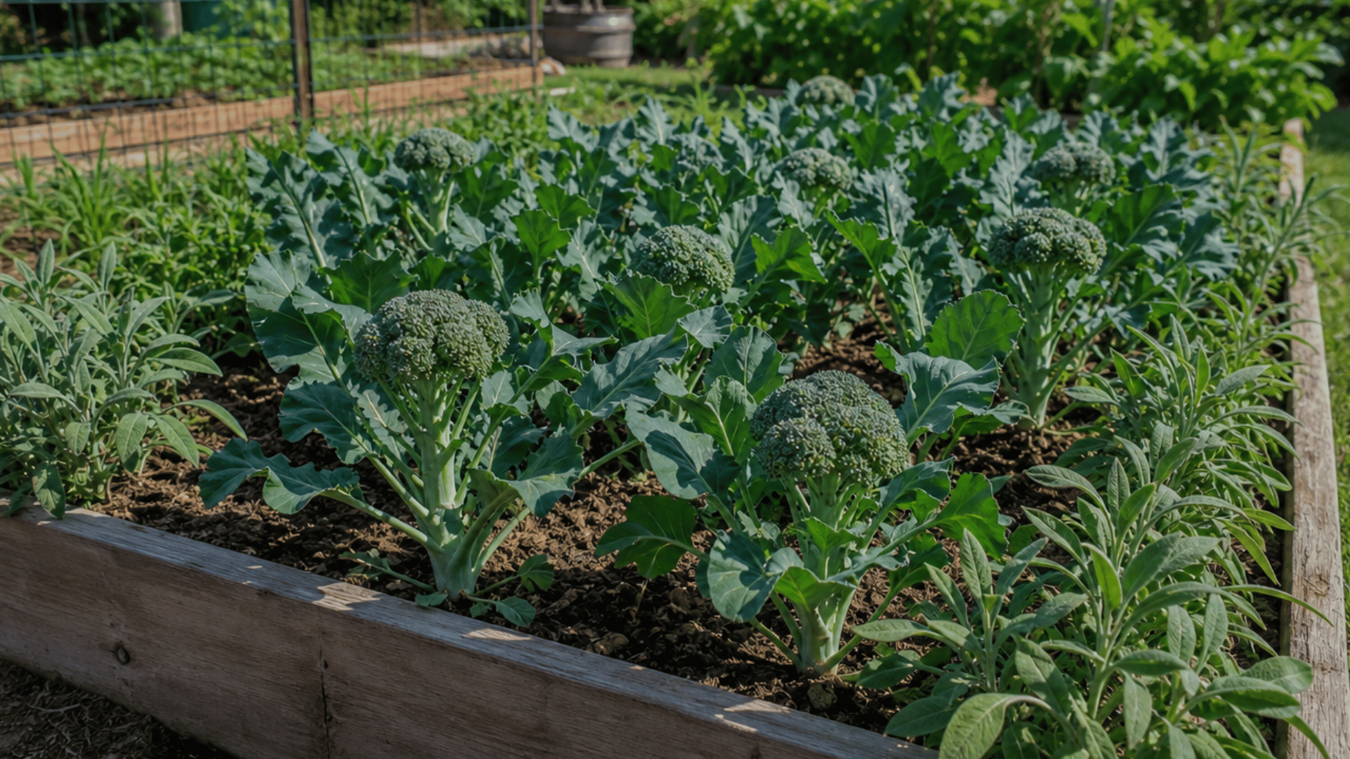 broccoli growing beside compact sage plants along a vegetable garden border