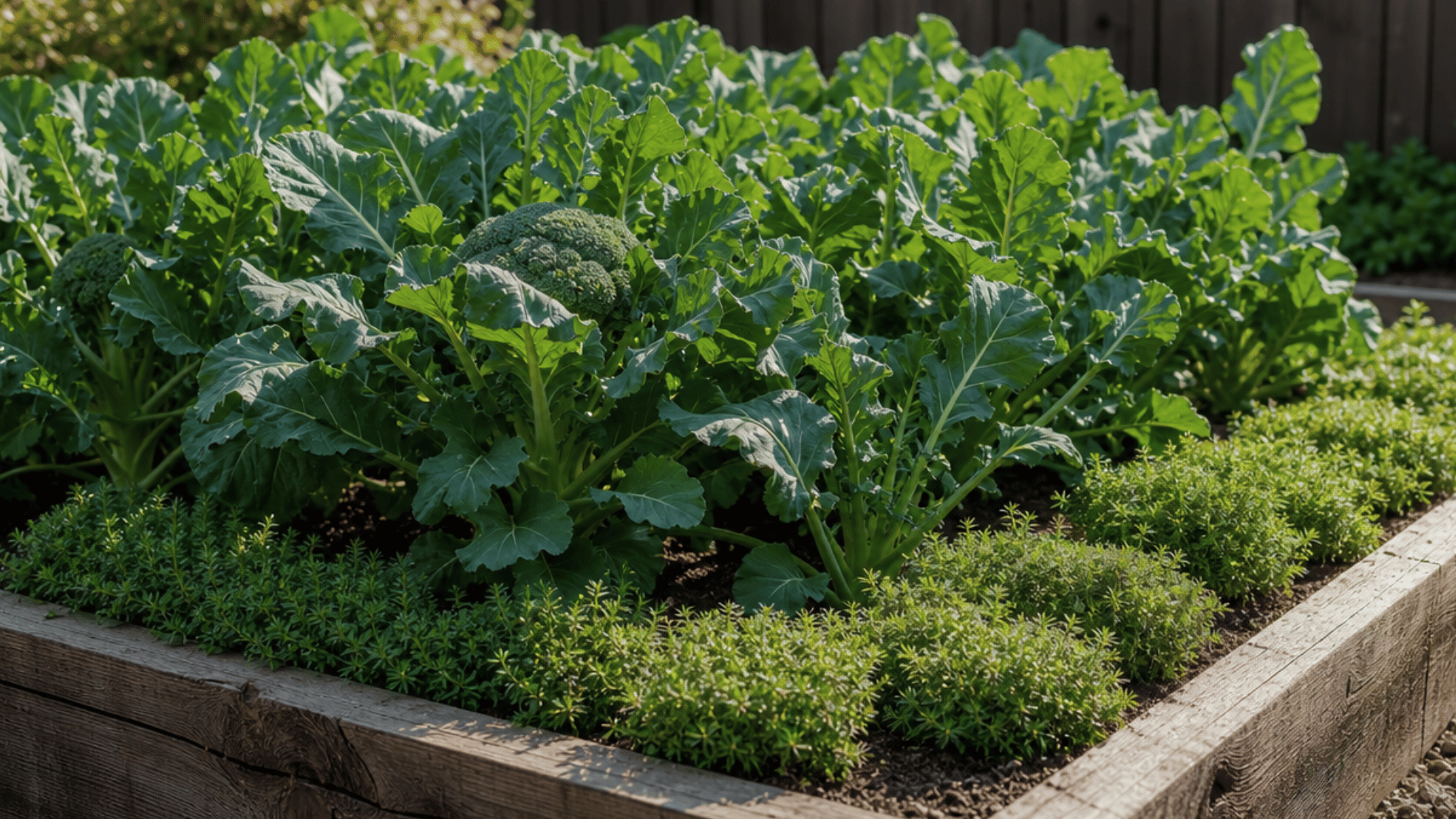 broccoli growing with low thyme along the edge of a raised garden bed