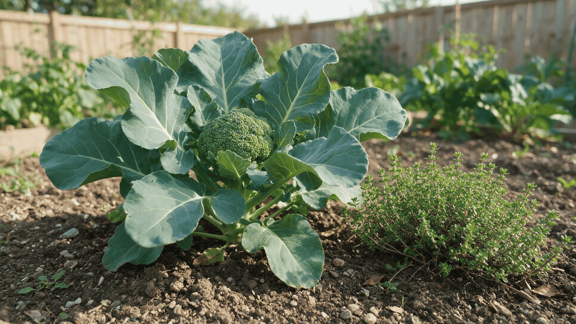healthy broccoli plant growing beside a thyme bush in a sunny backyard vegetable garden bed with soil