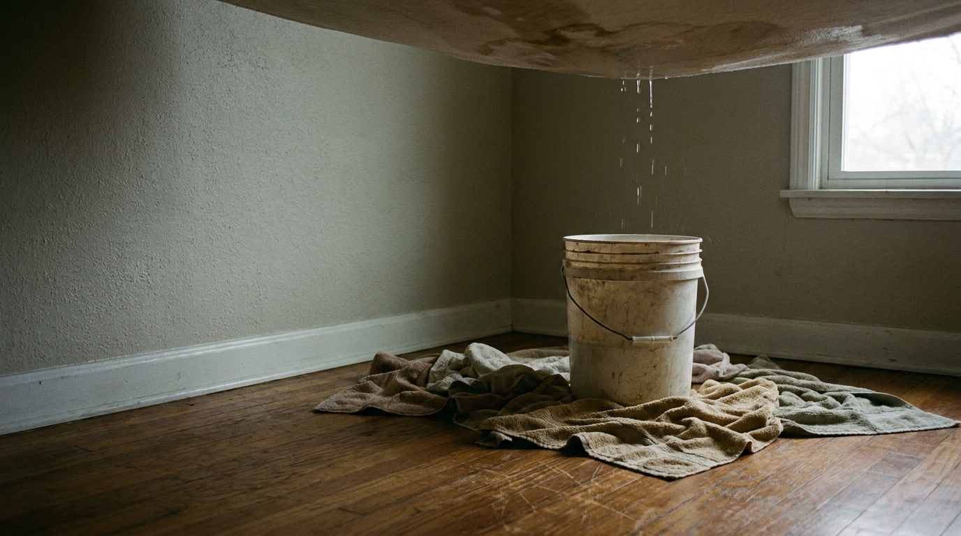Bucket collecting water from ceiling leak on wooden floor with towels around