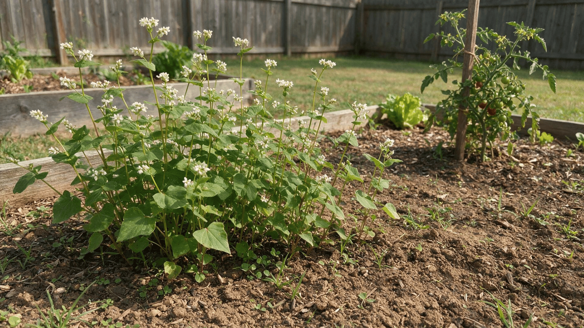 flowering buckwheat growing near a staked tomato plant in a casual home backyard garden