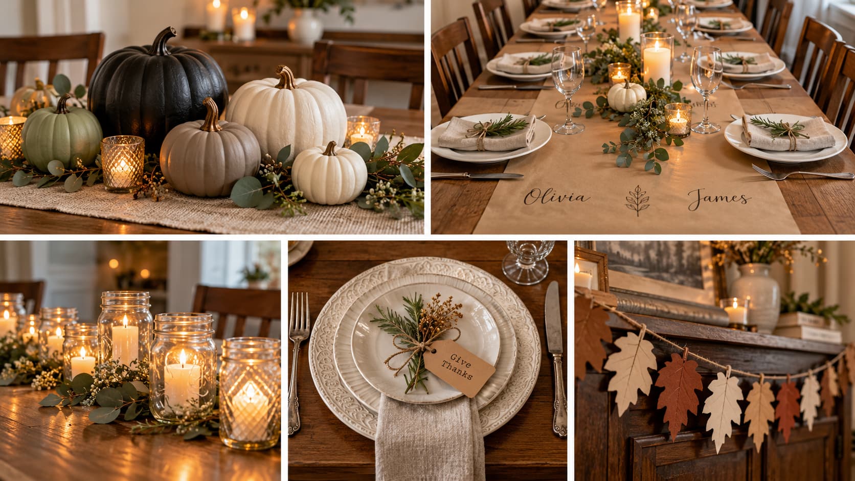Five-panel collage of budget Thanksgiving decor with painted pumpkins, kraft paper runner, votives, place setting, and leaf garland.