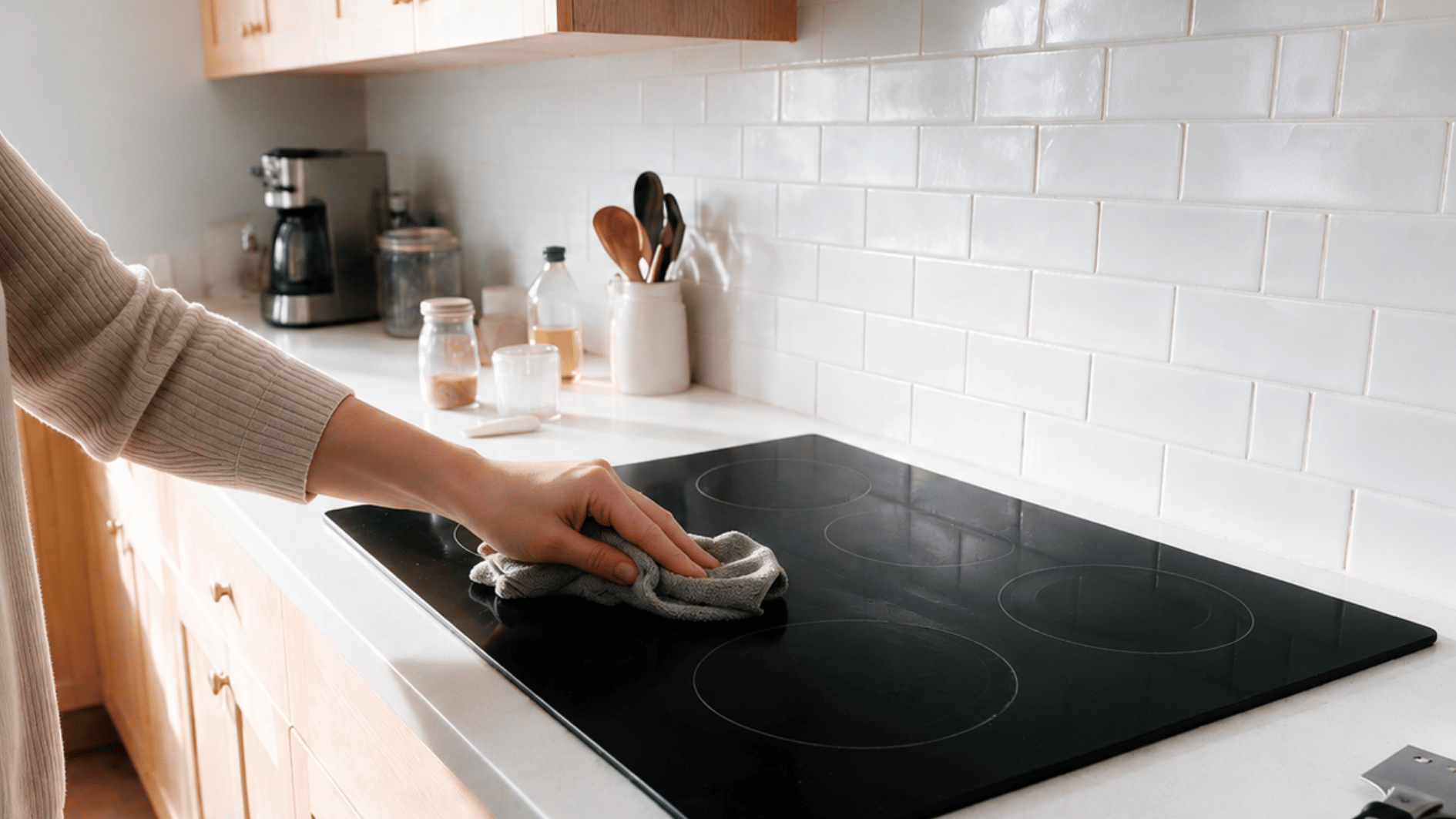 hand buffing a freshly cleaned glass stove top with a grey microfiber cloth