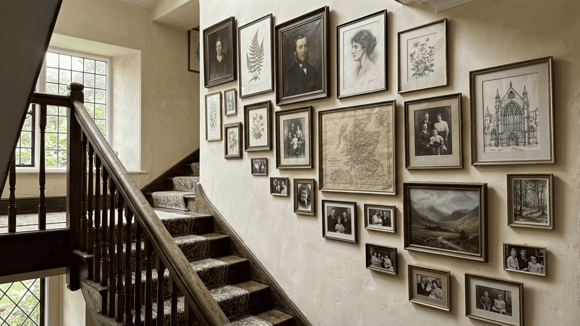 dark academia stairwell gallery with portraits botanical prints maps and family photographs