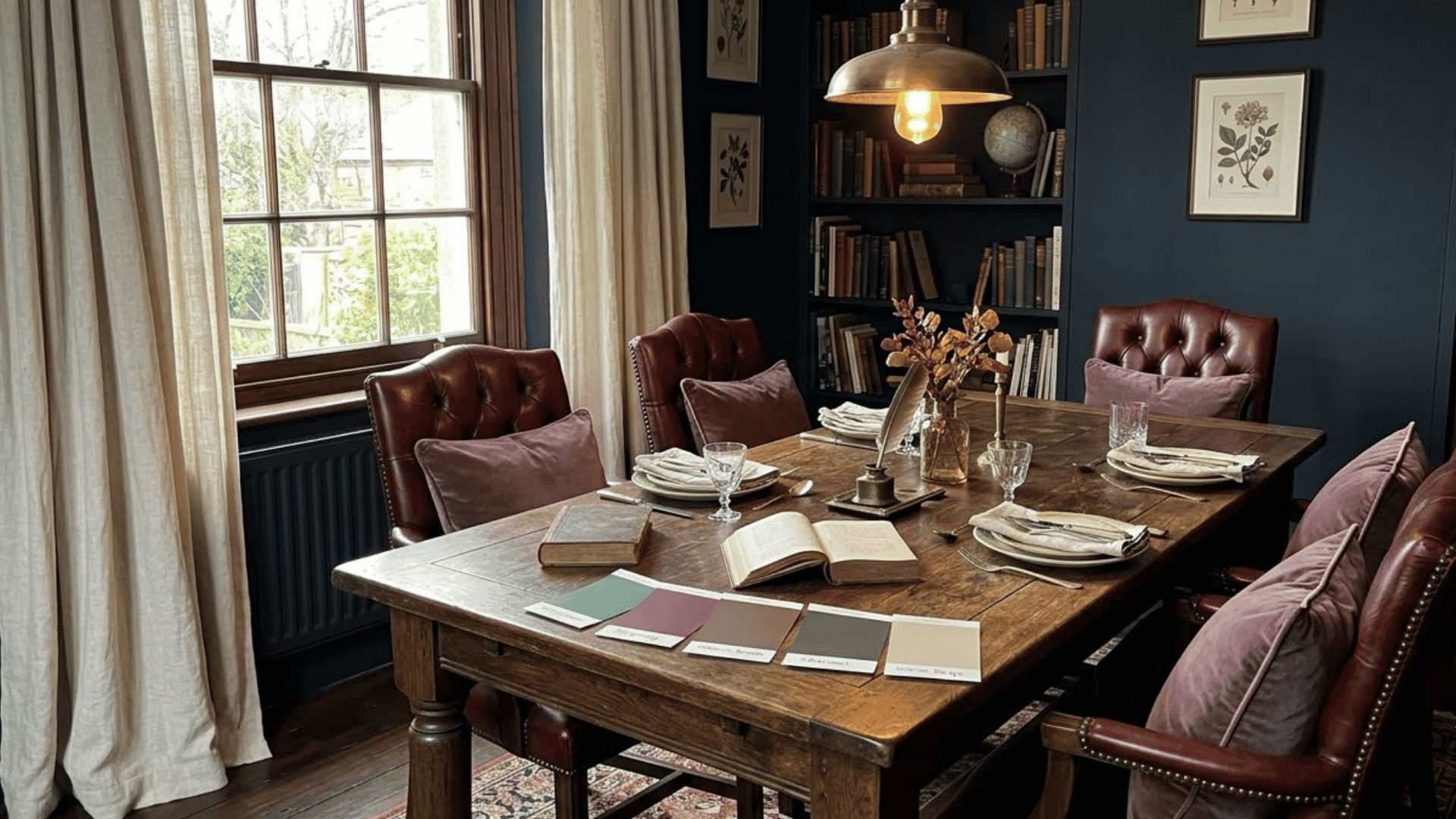 dark academia dining room with ink navy walls oxblood chairs and warm scholarly colors