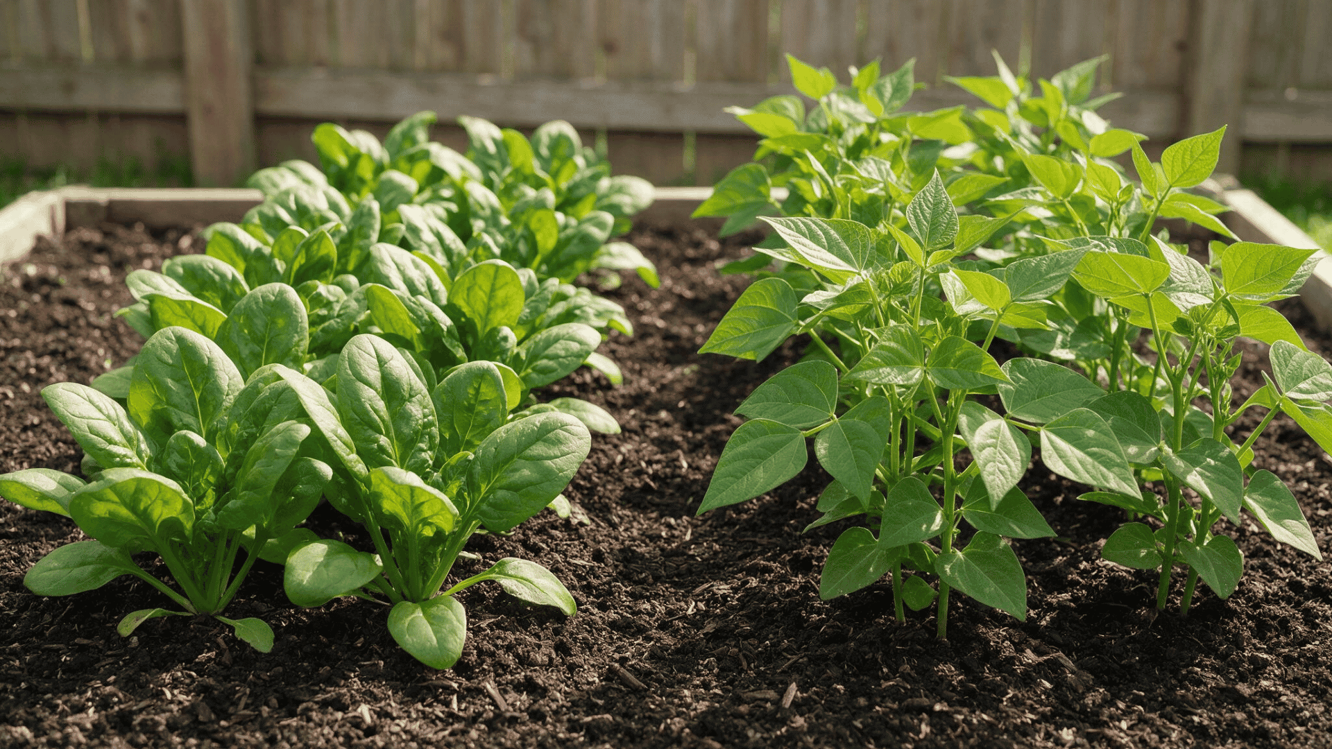 spinach and young bush bean plants growing in a raised garden bed