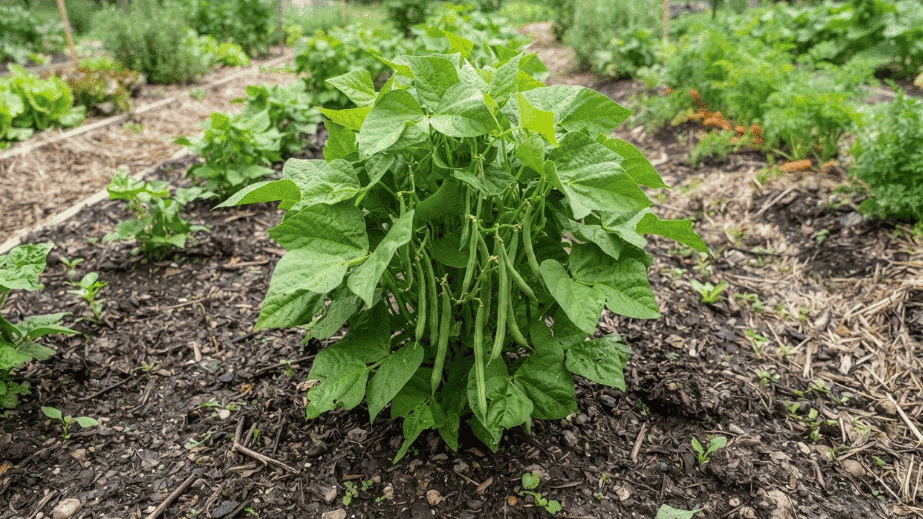 bush bean plant with compact foliage and small green pods