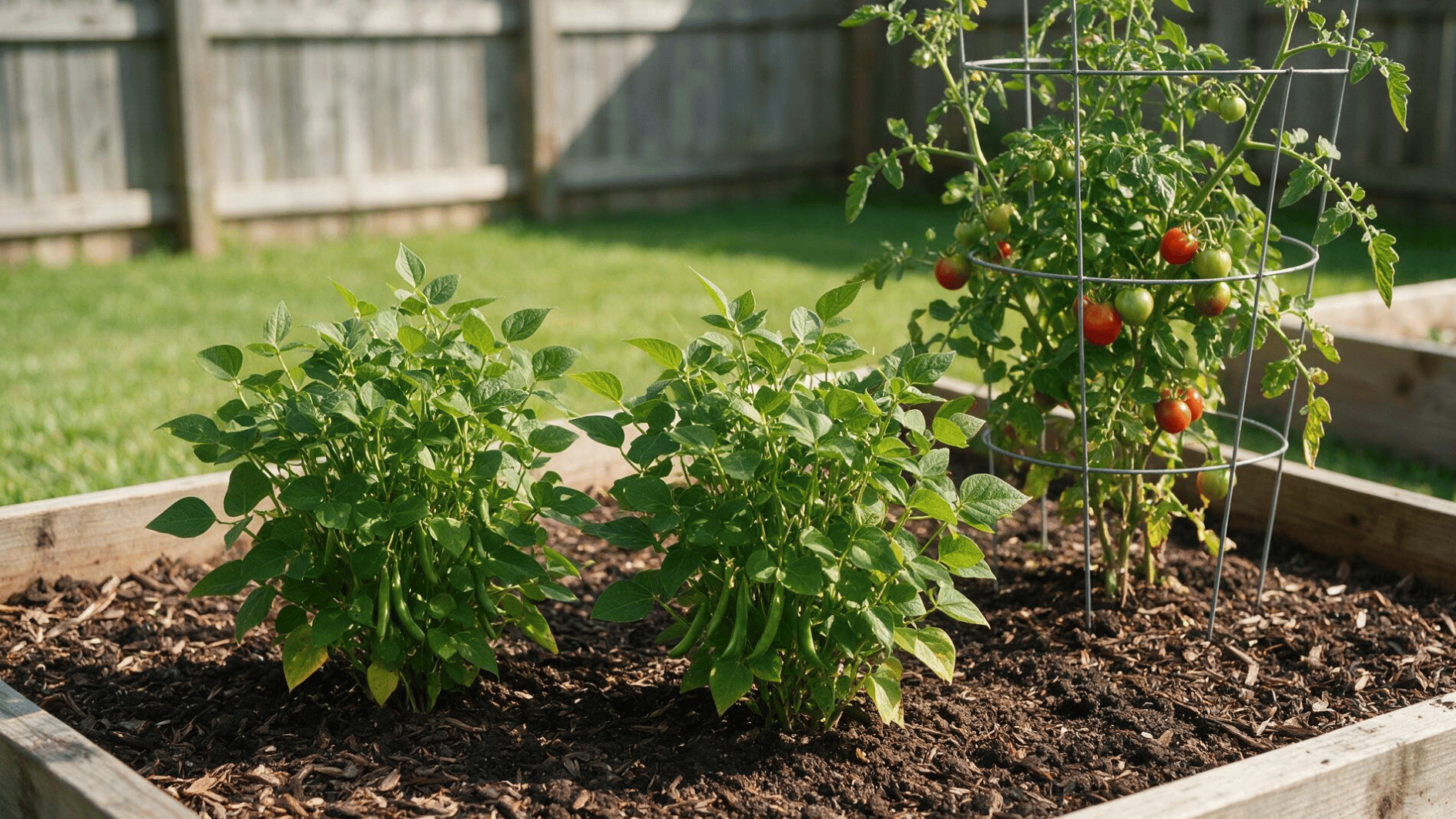 compact bush bean plants with green pods growing beside tall staked tomatoes in a raised garden bed