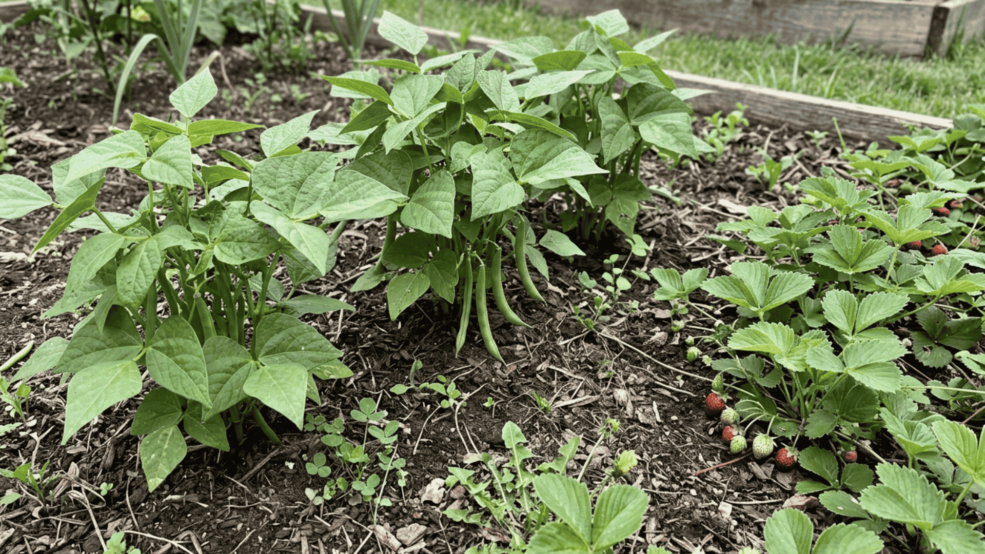 compact bush bean plants with green pods growing near low strawberry plants in a realistic garden bed