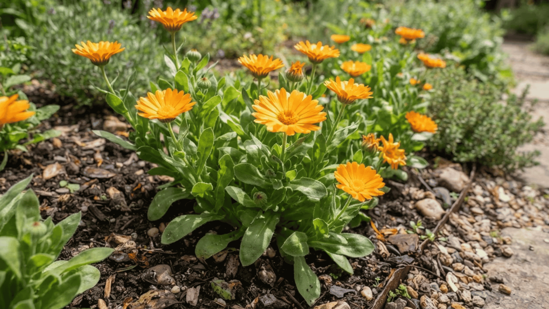 calendula flowers blooming along the edge of a garden bed