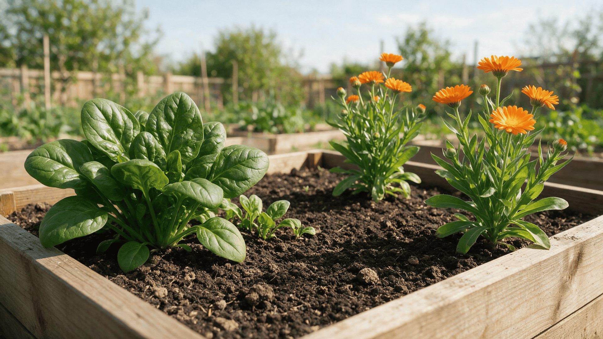 spinach growing beside blooming orange calendula in a raised bed
