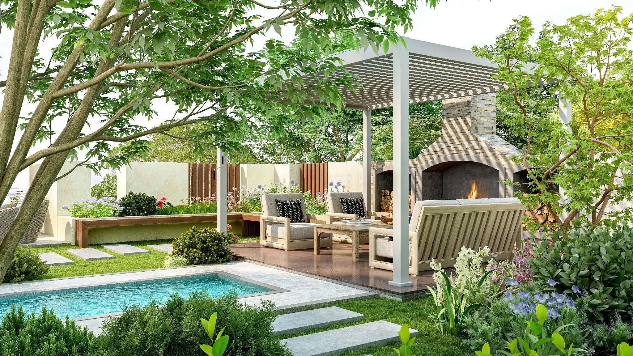 Spacious outdoor patio with pergola and fireplace beside blue swimming pool surrounded by lush plants