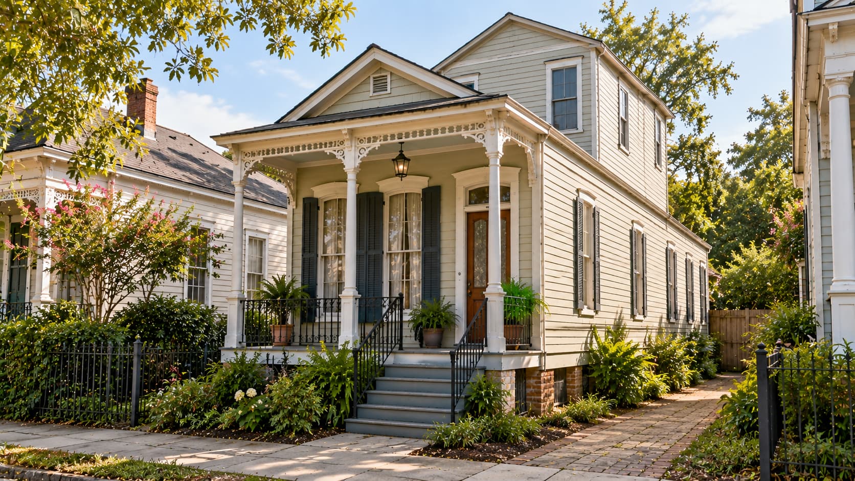 Camelback shotgun house with a low front and raised rear upper story.