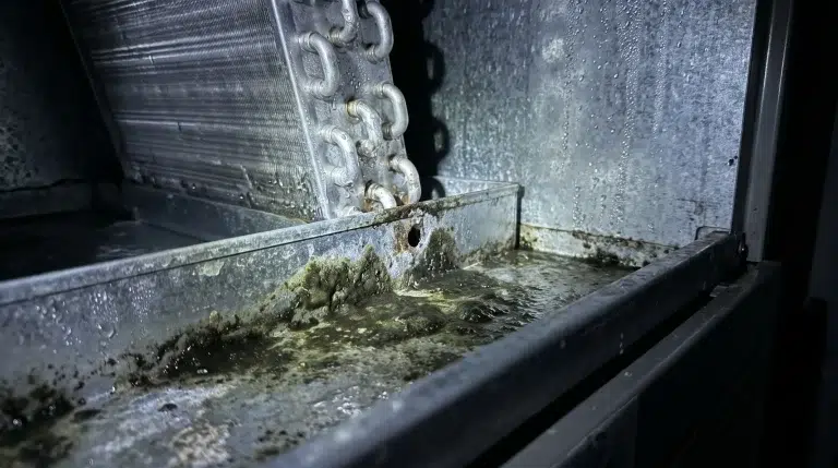 Damp metal HVAC system with mold growth in dark industrial setting