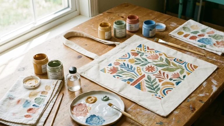 A canvas tote bag being hand-painted with colorful floral patterns alongside paints and brushes on a wooden table.