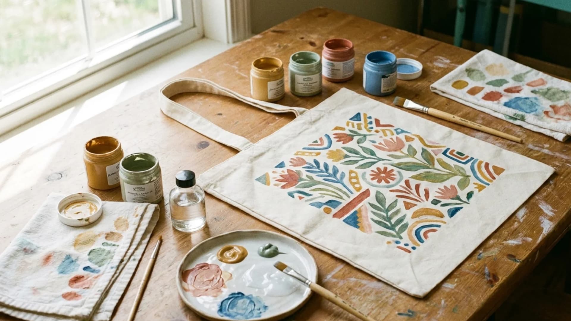 A canvas tote bag being hand-painted with colorful floral patterns alongside paints and brushes on a wooden table.