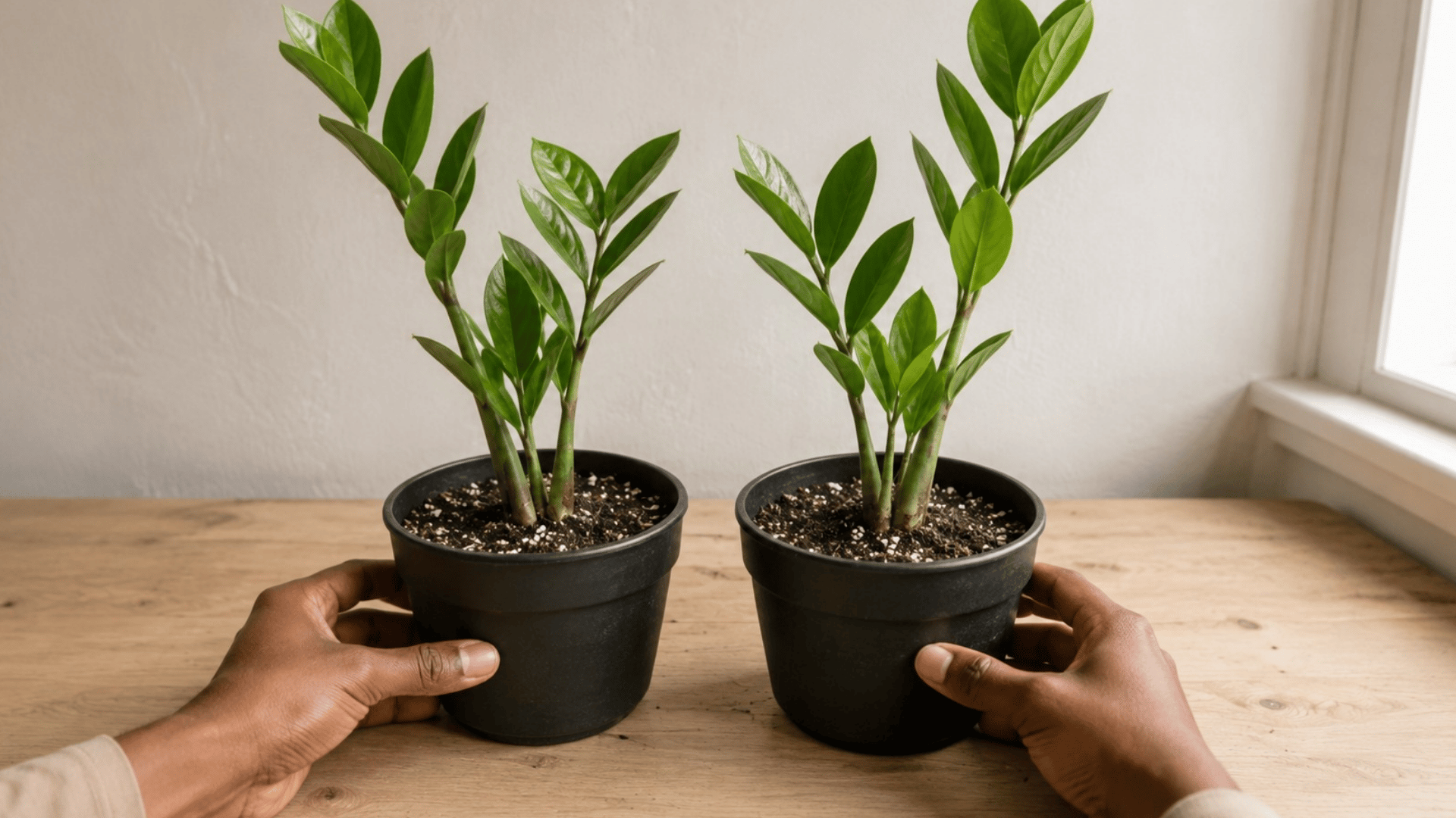 two newly repotted zz plant divisions recovering in small black pots beside a bright indoor window
