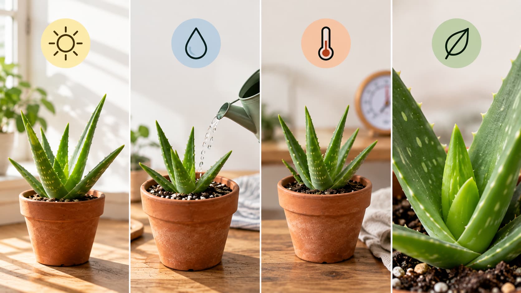 Four-step care guide for newly propagated aloe vera showing light, watering, temperature, and new growth signs.