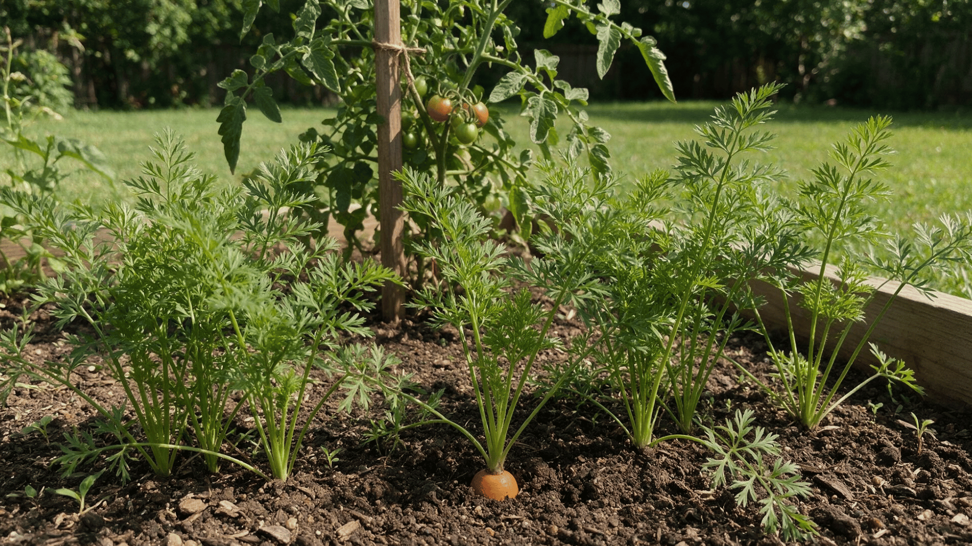 feathery carrot tops growing in the soil beside mature tomato plants in a home vegetable garden