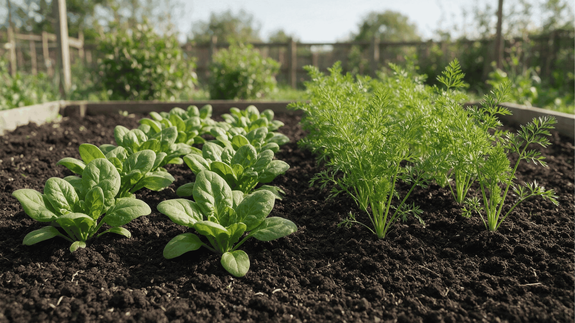spinach and carrot seedlings growing in neat rows in a garden bed