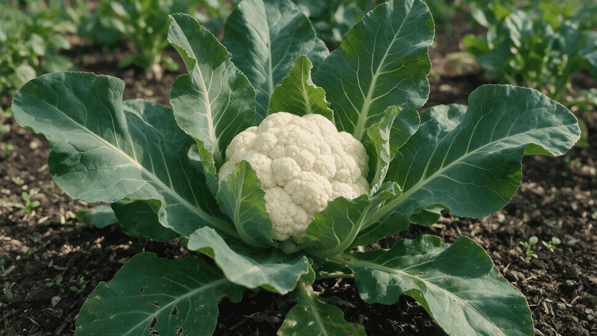 mature cauliflower plant with a white head and broad green leaves growing naturally in dark garden soil