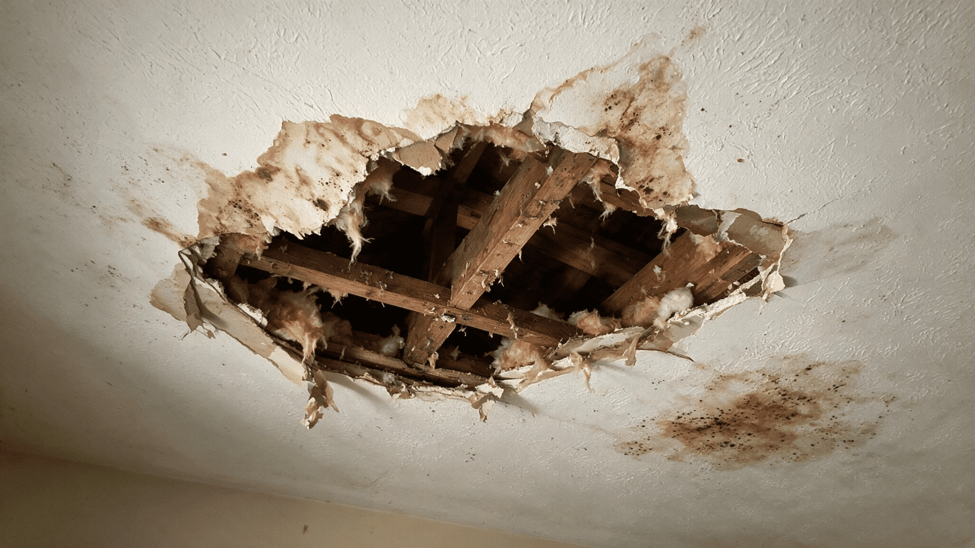 severe ceiling drywall damage exposing wood framing and insulation
