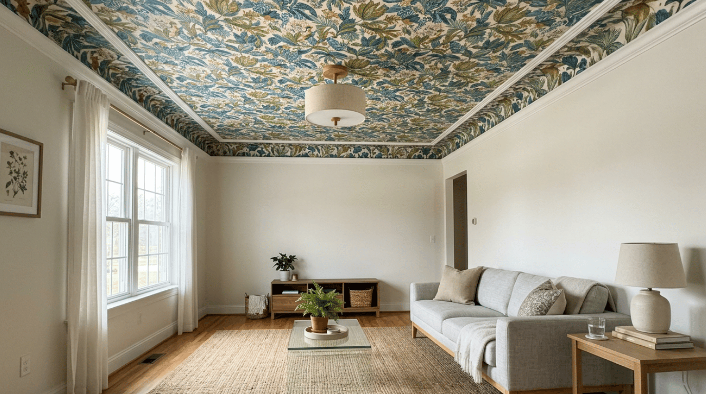 patterned wallpaper covering the ceiling above a furnished room to create an unexpected decorative focal point