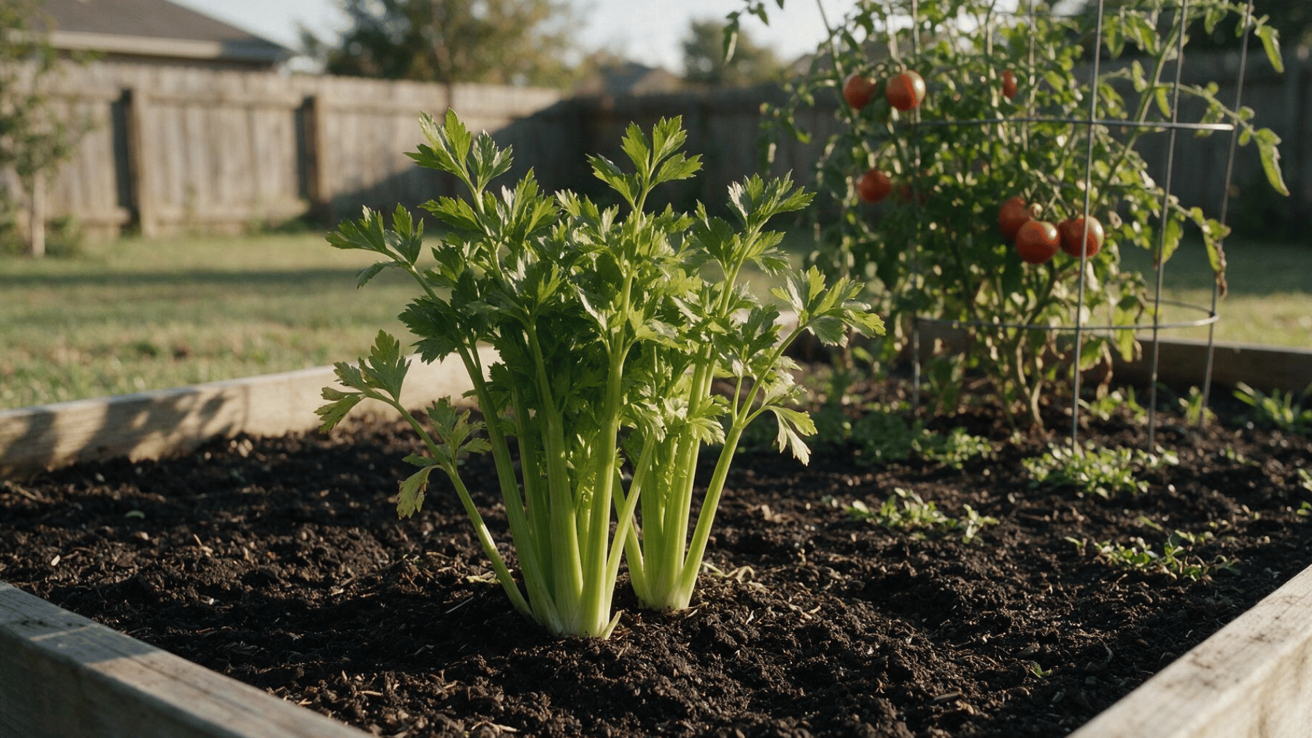 celery plants growing near a caged tomato plant in a regularly watered home vegetable garden