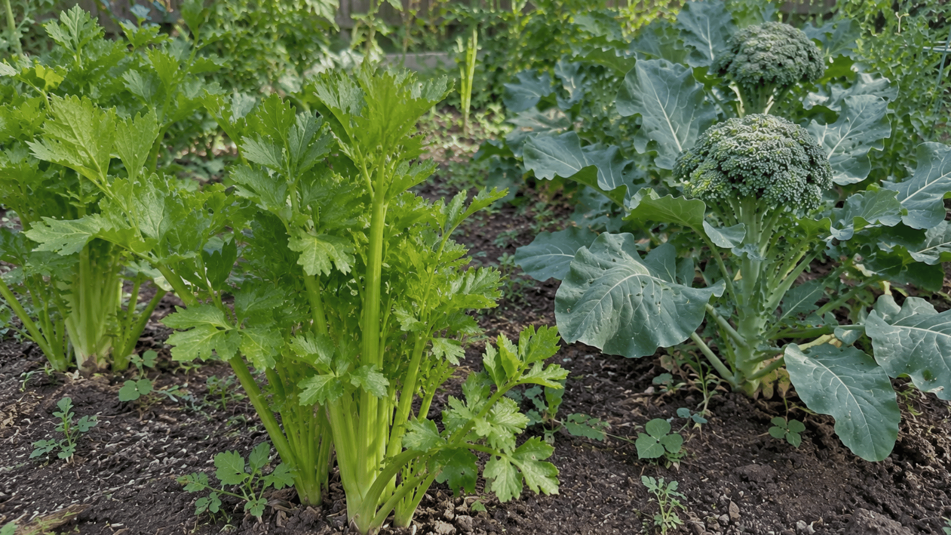 celery plants growing beside mature broccoli in a backyard vegetable garden