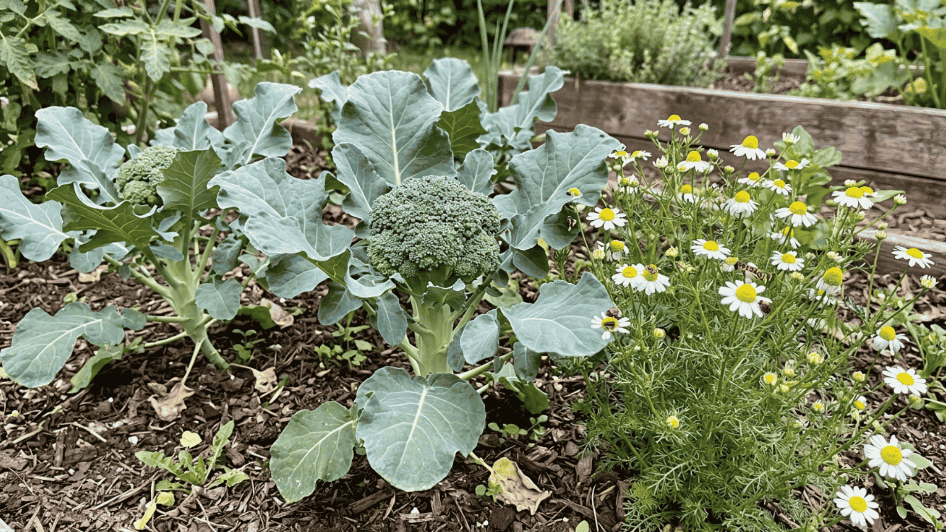 broccoli growing beside white chamomile flowers in a naturally spaced garden bed
