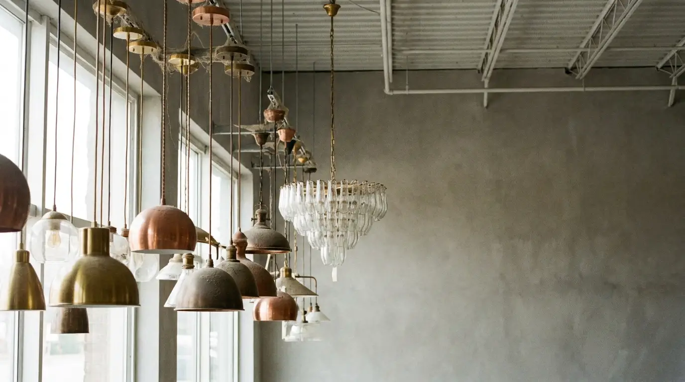 Assorted pendant lights and chandelier hanging in a minimalist industrial space with large windows